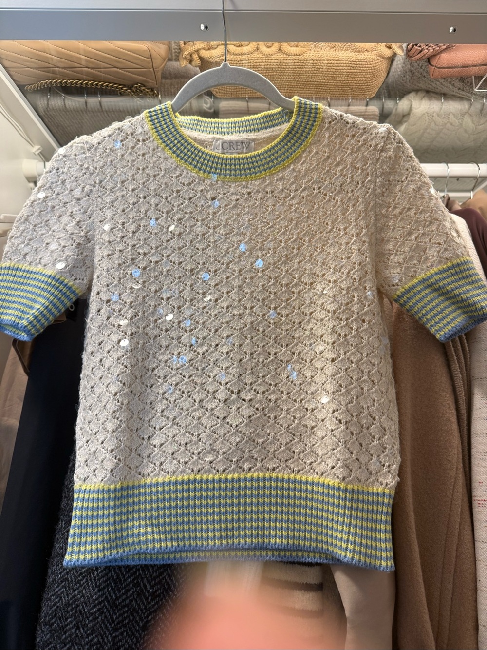J. Crew Cream Knit sequin Short-Sleeve Sweater with Top Yellow & Blue Trim